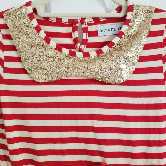 Only Little Once Girls Holiday Dress SZ 10 Tulle Sequins Striped Red Ivory Gold - Picture 2 of 11